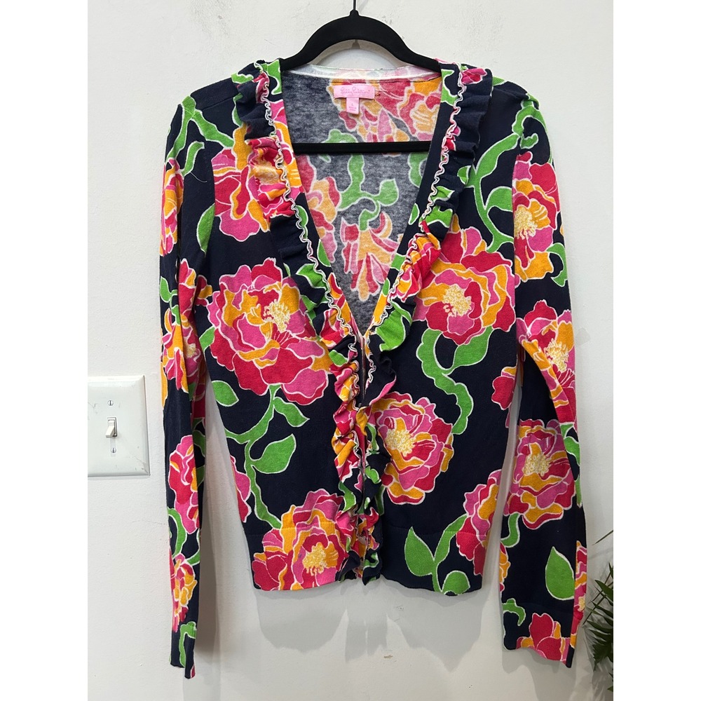 Lilly Pulitzer Cardigan Sweater L Ruffle Floral Maximalist Cottage Whimsical